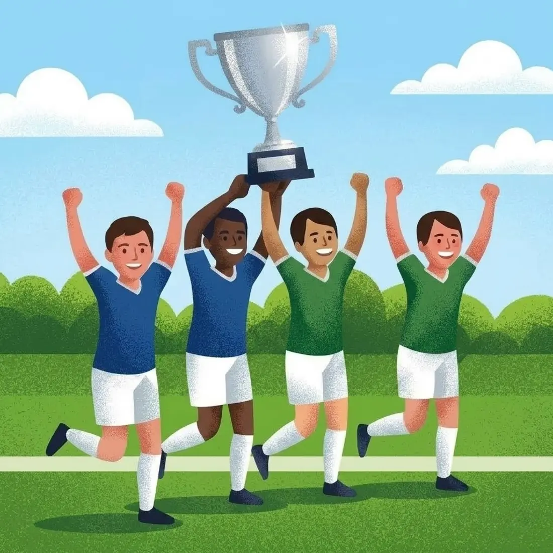 Ilustración de un equipo celebrando con los brazos en alto
